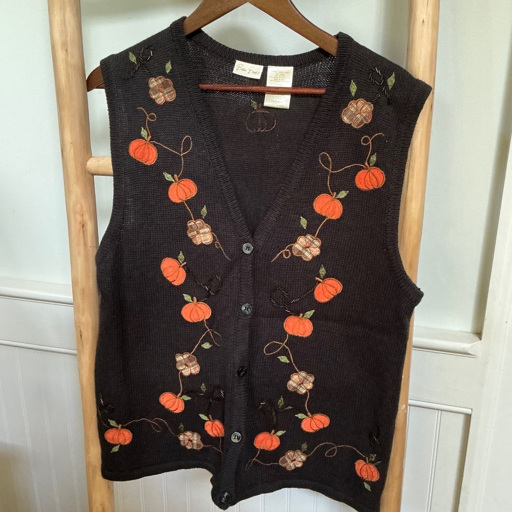 Bobbie Brooks Black Pumpkin Beaded Knit Cardigan Vest Large Fall Vintage